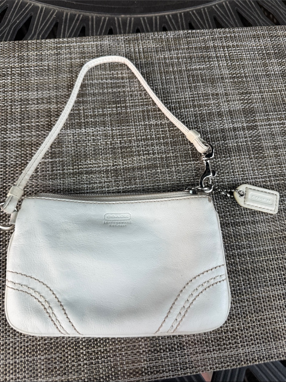 Coach White Leather Wristlet Clutch with Signature Stitching